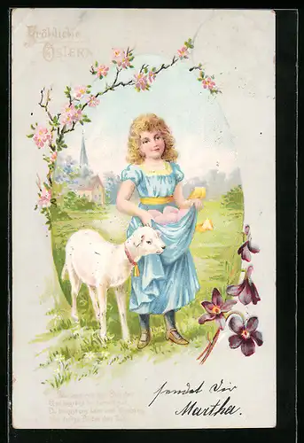 AK Mädchen mit Lämmchen zu Ostern