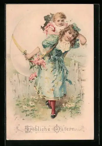 AK Dame trägt Ei mit Kind Huckepack