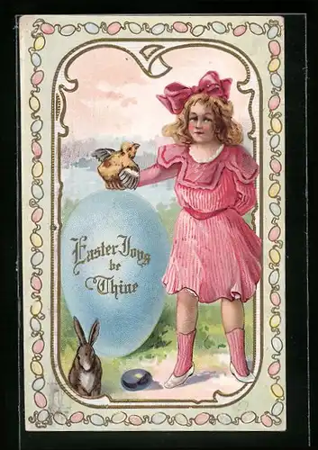 AK Mädchen mit Küken und Osterhasen