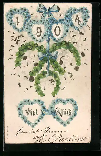 AK Viel Glück im neuen Jahr 1904 mit Blumen und Kleeblättern