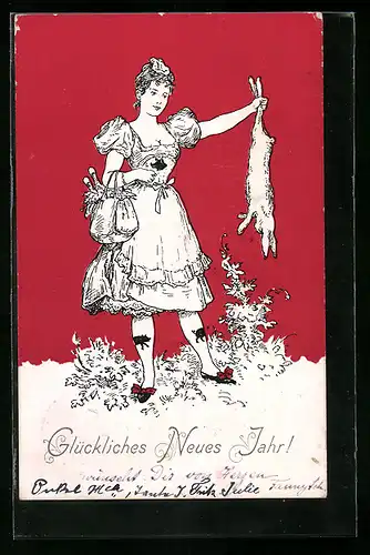 AK Dame mit erlegtem Hasen zu Neujahr