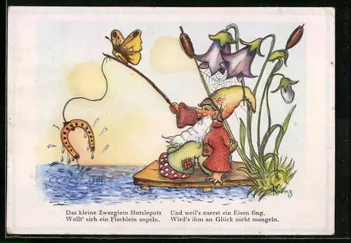 AK Zwerg Hutzleputz angelt ein Hufeisen aus dem See