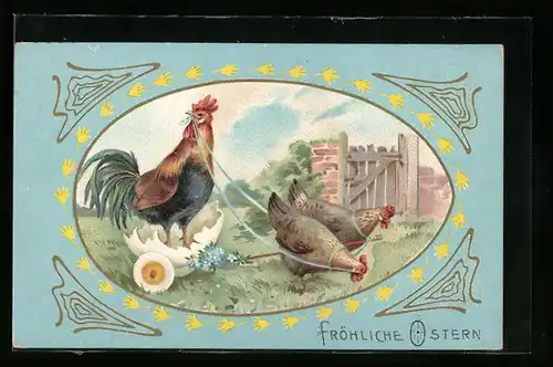 AK Hühner ziehen Hahn in der Osterei-Kutsche, Fröhliche Ostern