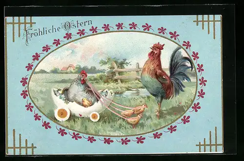 AK Osterküken ziehen Huhn in der Osterei-Kutsche