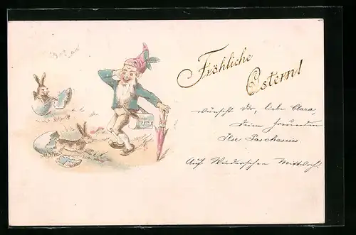 AK Zwerg mit Osterhasen