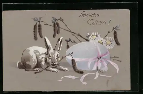 AK Osterhase mit Ei und Weidenkätzchen