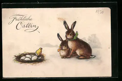 AK Osterhasen beobachten Küken