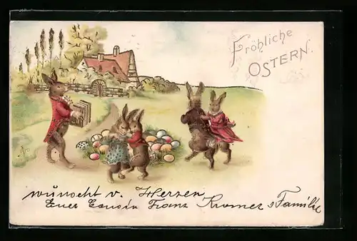 AK Osterhasen tanzen zum Feste