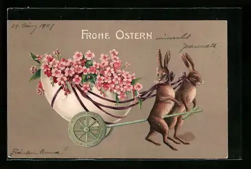 AK Osterhasen ziehen einen Blumenwagen