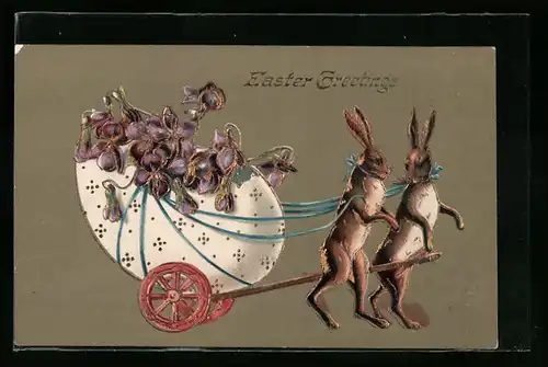 AK Fröhliche Ostern, Osterhasen mit Wagen