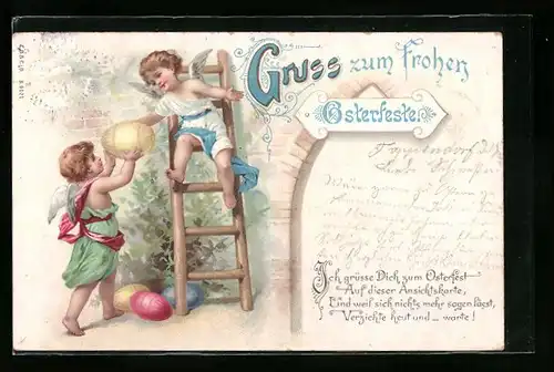Lithographie Frohes Osterfest, Osterengel mit bunten Eiern