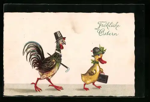 AK Hahn und Osterküken mit Hüten und Gehstock