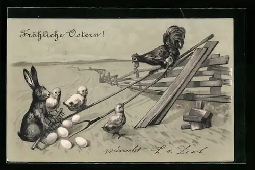 AK Osterhase baut Rampe für Hahn