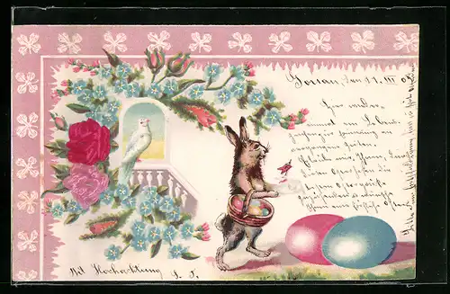 AK Osterhase unterwegs mit einem Korb voller Ostereiern und einem Osterlamm