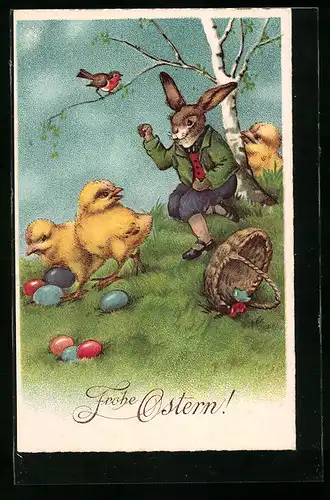 Künstler-AK Osterküken stiebitzen Eier von einem Osterhasen