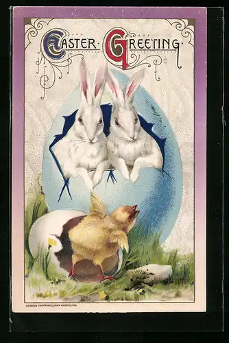 AK Zwei Osterhasen in einem Osterei, Osterküken