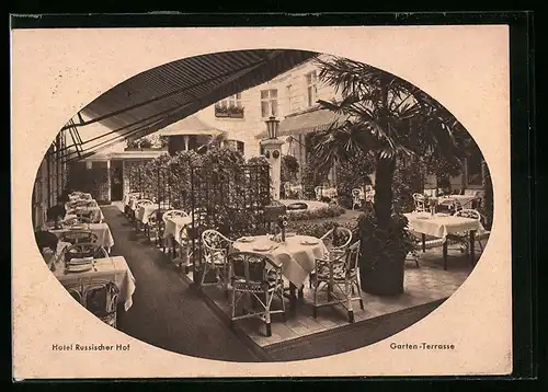 Passepartout-AK Berlin, Hotel Russischer Hof, Georgenstrasse 21-22, Garten-Terrasse