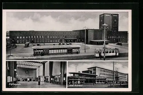 AK Oberhausen, Hotel Ruhrland, Strassenbahnen vor dem Bahnhof