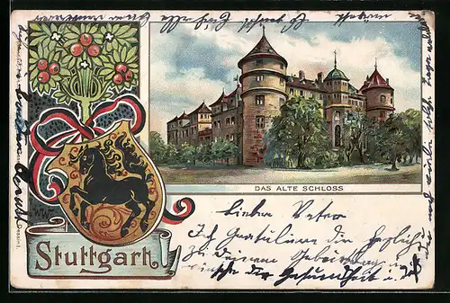 Lithographie Stuttgart, Das alte Schloss und Wappen