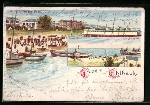 Lithographie Ahlbeck, Herrenbad und Brücke, Strand und Hotels