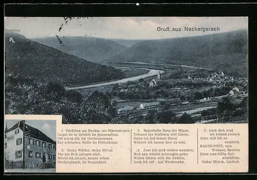 AK Neckargerach, Gasthof Krone-Post von Fr. Leitz, Ortsansicht mit Minneburg