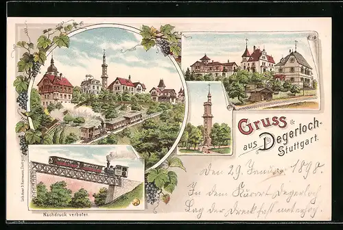 Lithographie Degerloch, Bergbahn, Aussichtsturm