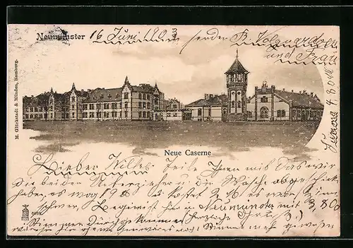 Lithographie Neumünster, Neue Caserne mit Wasserturm