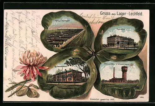 Passepartout-Lithographie Lechfeld, Lager, Kgl. Platzkommando, Electricitäts- und Wasserwerk, Kleeblatt