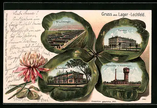 Passepartout-Lithographie Lechfeld, Lager, Kgl. Platzkommando, Electricitäts- und Wasserwerk, Barackenlager, Kleeblatt