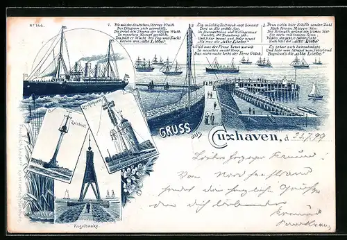 Lithographie Cuxhaven, Leuchtturm, Kugelbaake, Zeitball