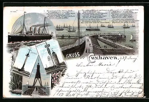 Lithographie Cuxhaven, Zeitball, Leuchtturm, Kugelbaake