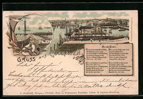 Lithographie Cuxhaven, Die alte Liebe, Ortsansicht, Möwe, Segelboote