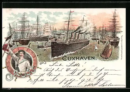Lithographie Cuxhaven, Dampfer und Segelschiffe im Hafen