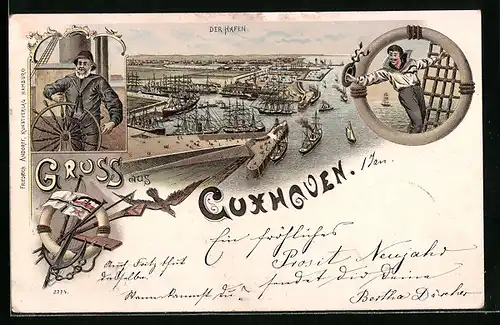 Lithographie Cuxhaven, Der Hafen, Matrose, Steuermann