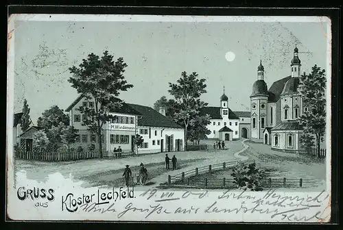 Lithographie Kloster Lechfeld, Gasthaus v. M. Wiedemann in der Nacht
