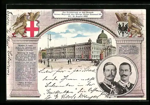 Künstler-AK Berlin, Schloss, Portraits von Kaiser Wilhelm II. und Victor Emanuel III. von Italien