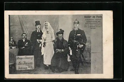 AK Artilleristen machen eine Kriegstrauung, Travestie