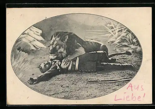 AK Löwe liegt auf einem Dompteur