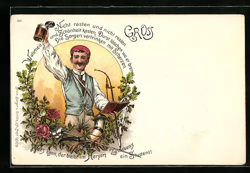 Lithographie Student mit Couleur und Studentenmütze, Bierkrug und Trinkhorn