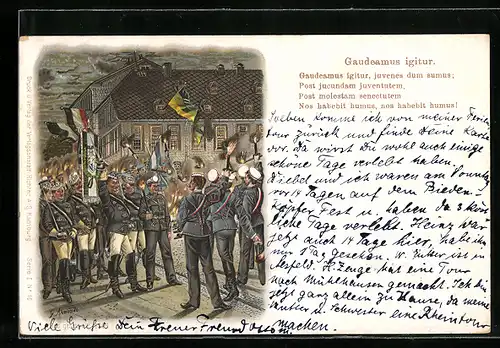 Lithographie Gaudeamus igitur, Studenten mit Fahnen