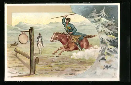 Künstler-AK Reiter in russischer Tracht mit Lanze