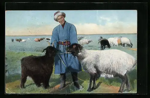 AK Russischer Mann aus Zentralasien mit Schafen