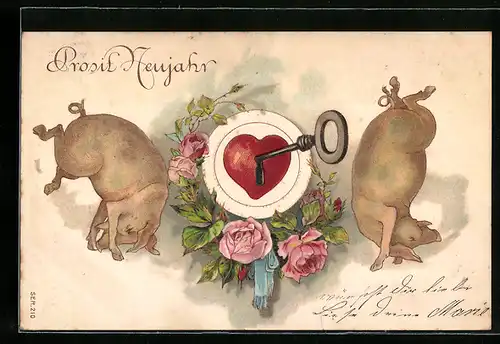 Lithographie Schweine mit Schlüssel und Herz