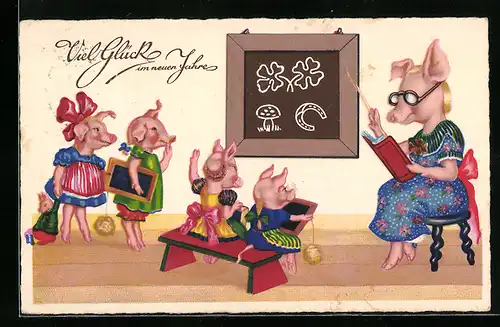 Künstler-AK Schweine lernen Glückssymbole in der Schule