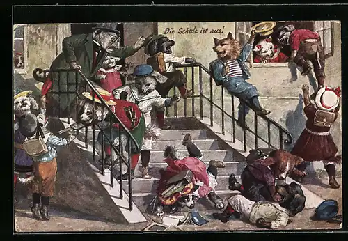 AK vermenschlichte Tiere treiben vor der Schule Schabernack