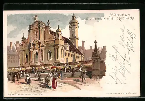 Lithographie München, Blumenmarkt und Heiliggeistkirche