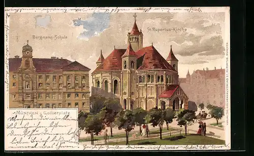 AK München, Gollierplatz mit St.Rupertus-Kirche und Bergmann-Schule