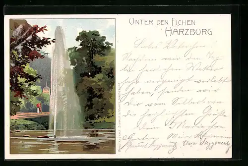 Lithographie Harzburg, Unter den Eichen, Wasserspiel