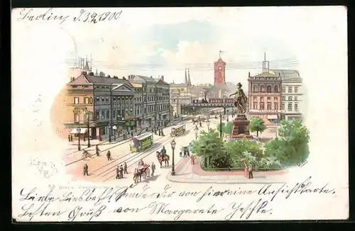 Lithographie Berlin, Alexanderplatz mit Berolina aus der Vogelschau, Strassenbahn