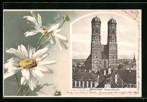 Passepartout-Lithographie München, Frauenkirche im Stadtbild, Margeriten